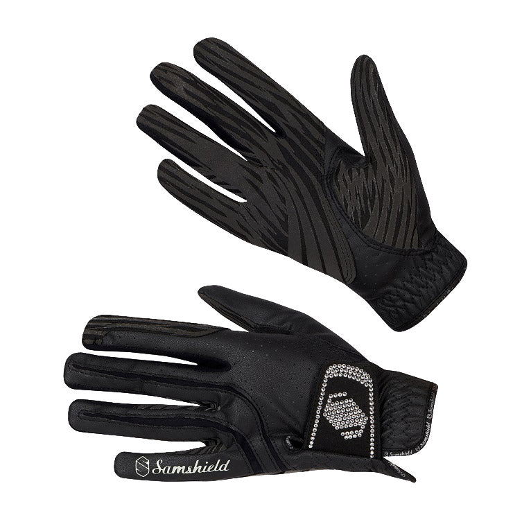 The beautiful Swarovski crystal Samshield Black V skin stretch riding glove to stand out in the crowd. This glove is a highly technical, durable glove. It has a perforated front for comfort and breathability. Textured Silicone grip on the inside. Ergonomically designed for a perfect fit and freedom of movement when riding. Finished with the Samshield logo Embellished with Swarovski Crystals.