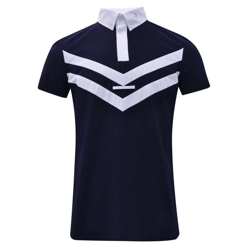 The Laguso Men’s Luca Army show shirt in short sleeve. Designed in navy with two white V shape striped across the shirt and a white collar. Finished with a small navy Laguso logo on the collar.