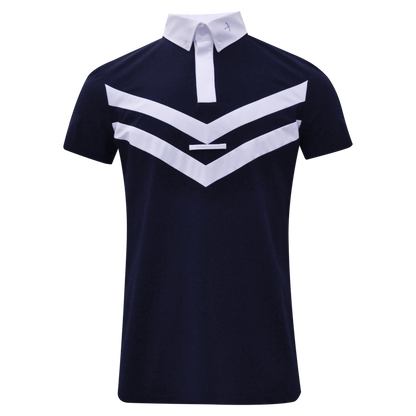 The Laguso Men’s Luca Army show shirt in short sleeve. Designed in navy with two white V shape striped across the shirt and a white collar. Finished with a small navy Laguso logo on the collar.
