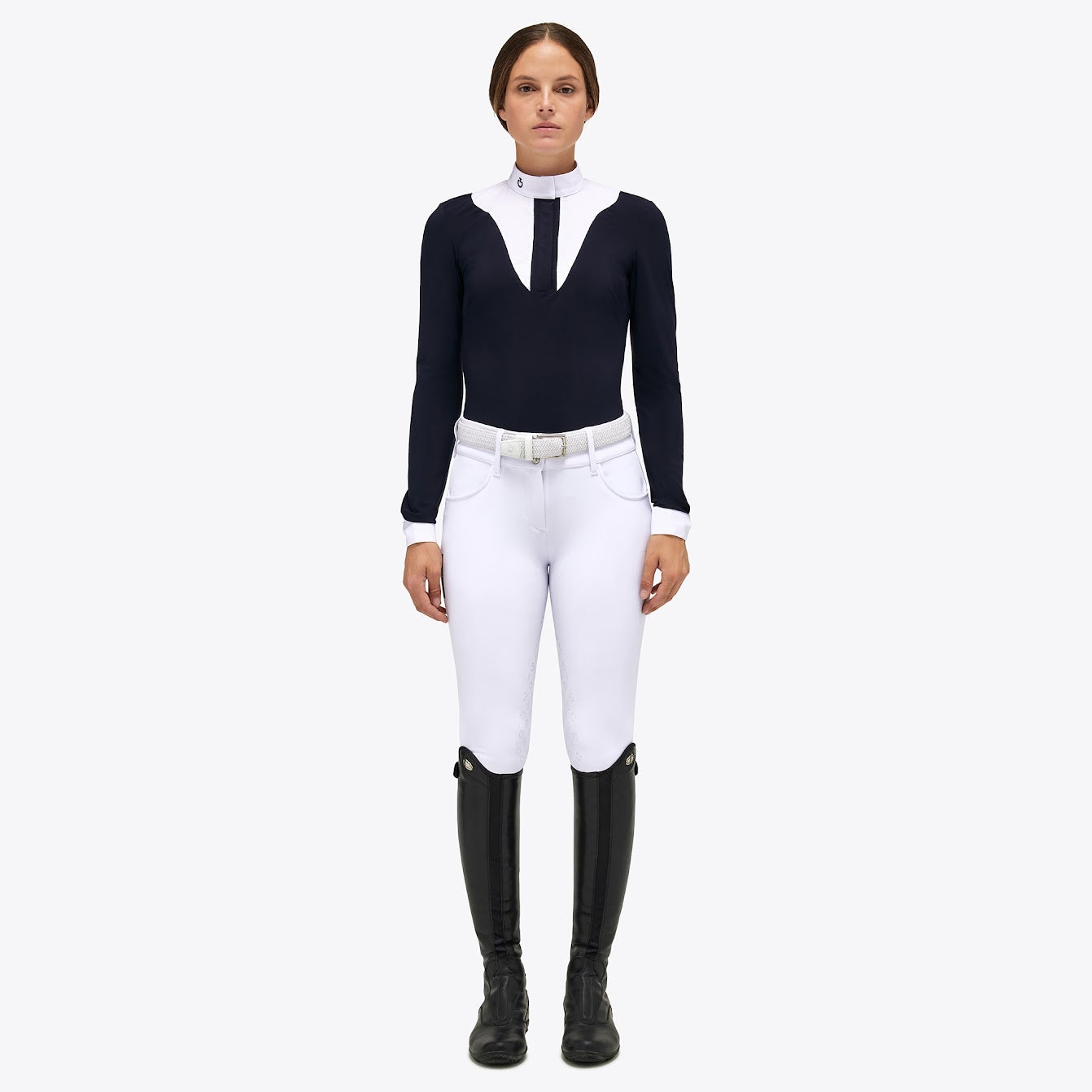 This navy and white L/S Cavalleria Toscana is a great twist on the classic white bib. The scalloped shape front gives a flattering line across the chest with the contrast jersey front placket.  Also available in short Sleeve.  machine washable 