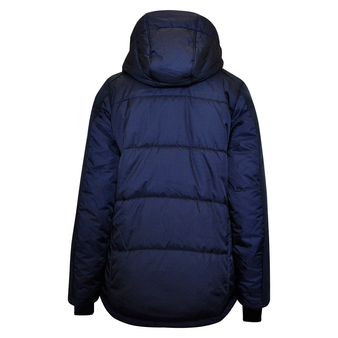 Laguso Navy Puffer Jacket with detachable hood. Ergonomically shaped sleeves with drawcord in waistband and velcro at the sleeve end. Front pocket and breast pocket with zipper, two inside pockets with zipper and one mesh pocket. Laguso arrow and bow on the chest, Laguso patch on the left sleeve and Laguso embroidery on the back.