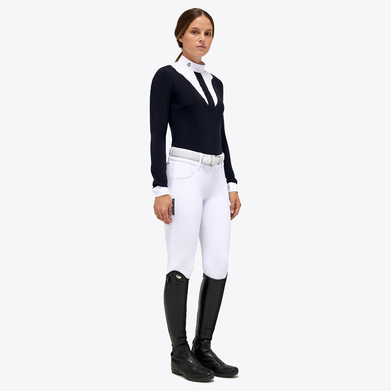 This navy and white L/S Cavalleria Toscana is a great twist on the classic white bib. The scalloped shape front gives a flattering line across the chest with the contrast jersey front placket.  Also available in short Sleeve.  machine washable 