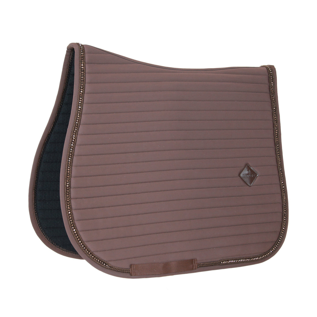This stunning saddle pad looks great for any occasion. The Kentucky pad has a horizontal design with the Kentucky vegan leather patch. The stunning self coloured crystal give a sophisticated sparkle.   Matching fly vale available. 