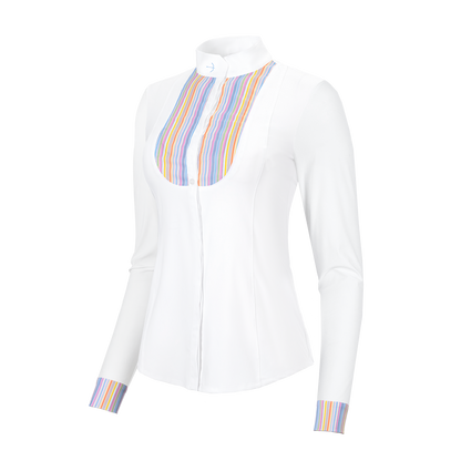 The Laguso Laila Smoking multi stripe is made from soft stretchy jersey for maximum comfort and movement. A fine woven stretch stripe fabric on the bib and cuffs gives the shirt a modern twist. button down front with hidden button to stop popping. Cross over button stand with the Laguso logo. 