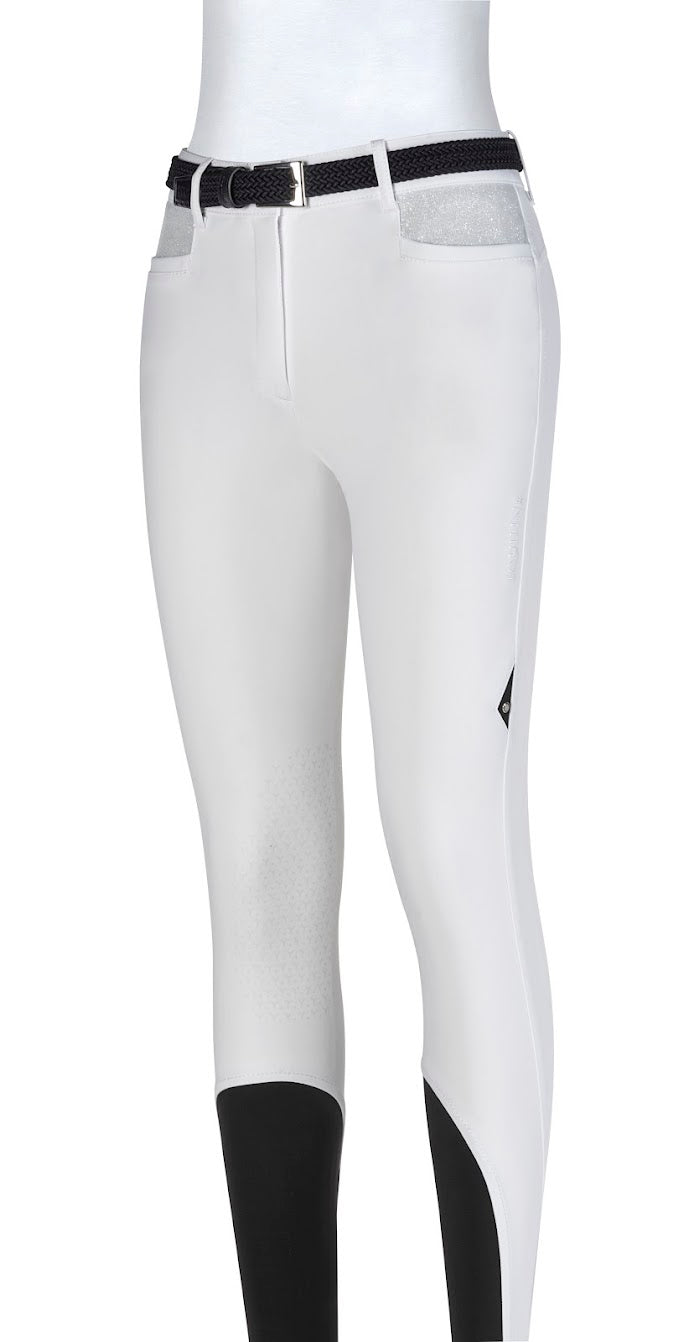 Equiline Gavirek white Sparkle Knee Grip Breeches Are a subtle twist on a classic breech. The breeches are made of Equilines light weight b move fabric. 