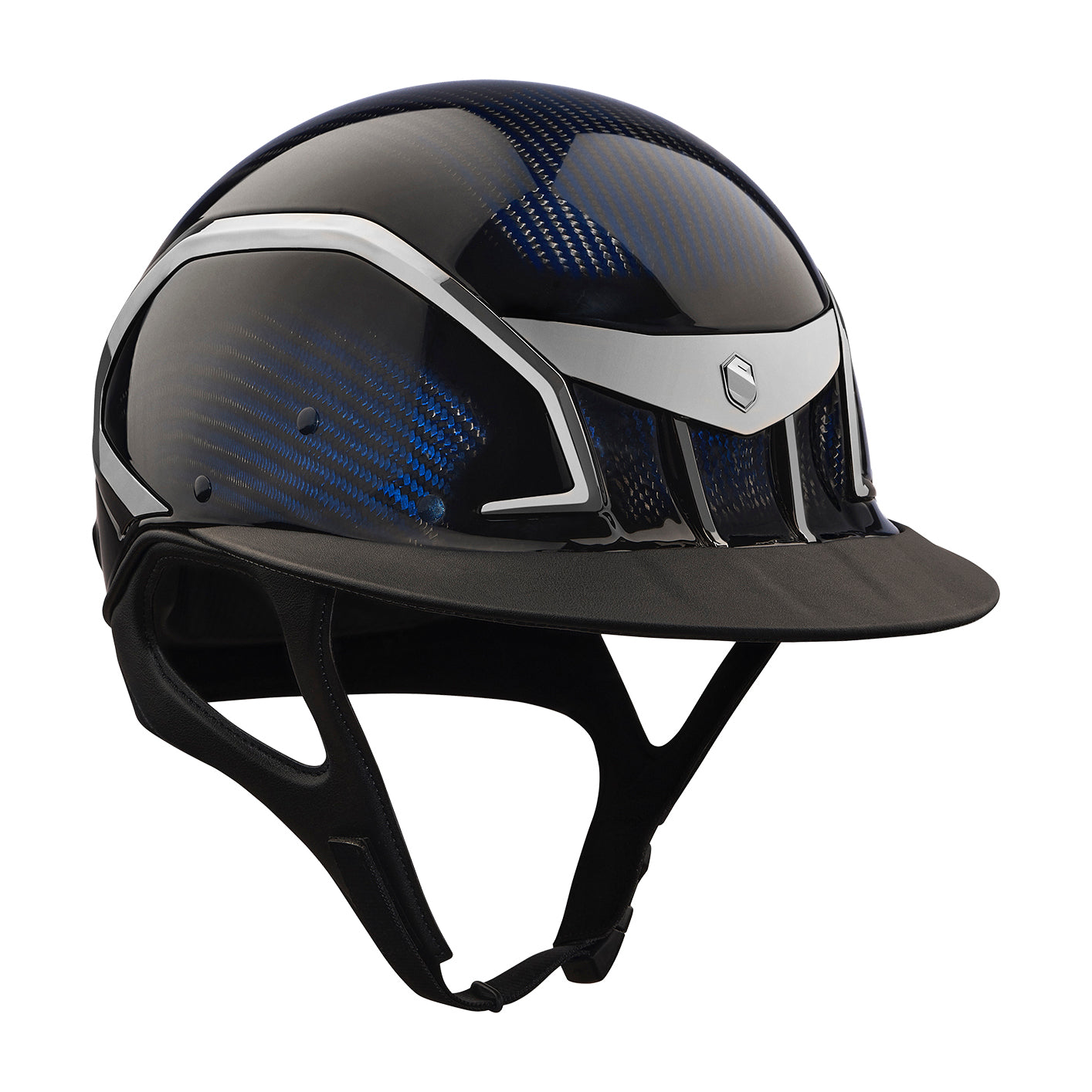 The Samshield XJ miss riding hat is made with carbon fibre and finished with a wide visor. The hat is navy gloss with chrome detailing.