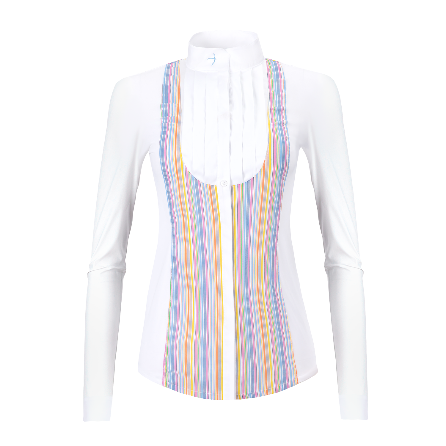 The Laila multi stripe gives a smart classic front while your jacket is on an an up to date twist when off.  The Laila has a soft woven pleated front with fine soft stretch jersey sides and sleeves. A very fine woven stretch stripe panels on the front and back gives the shirt maximum movement with a feminine flattering fit. The button down front placket has a hidden button over the bust to avoid popping! 