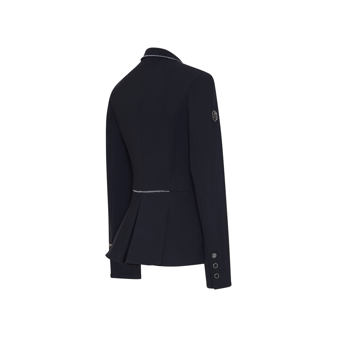 The Samshield Victorine Navy Crystal Fabric jacket pairs breathable, high stretch fabric with an incredibly flattering design thanks to the long fan finish on the reverse and shorter cut at the front, allowing the rider to feel and perform at their best.