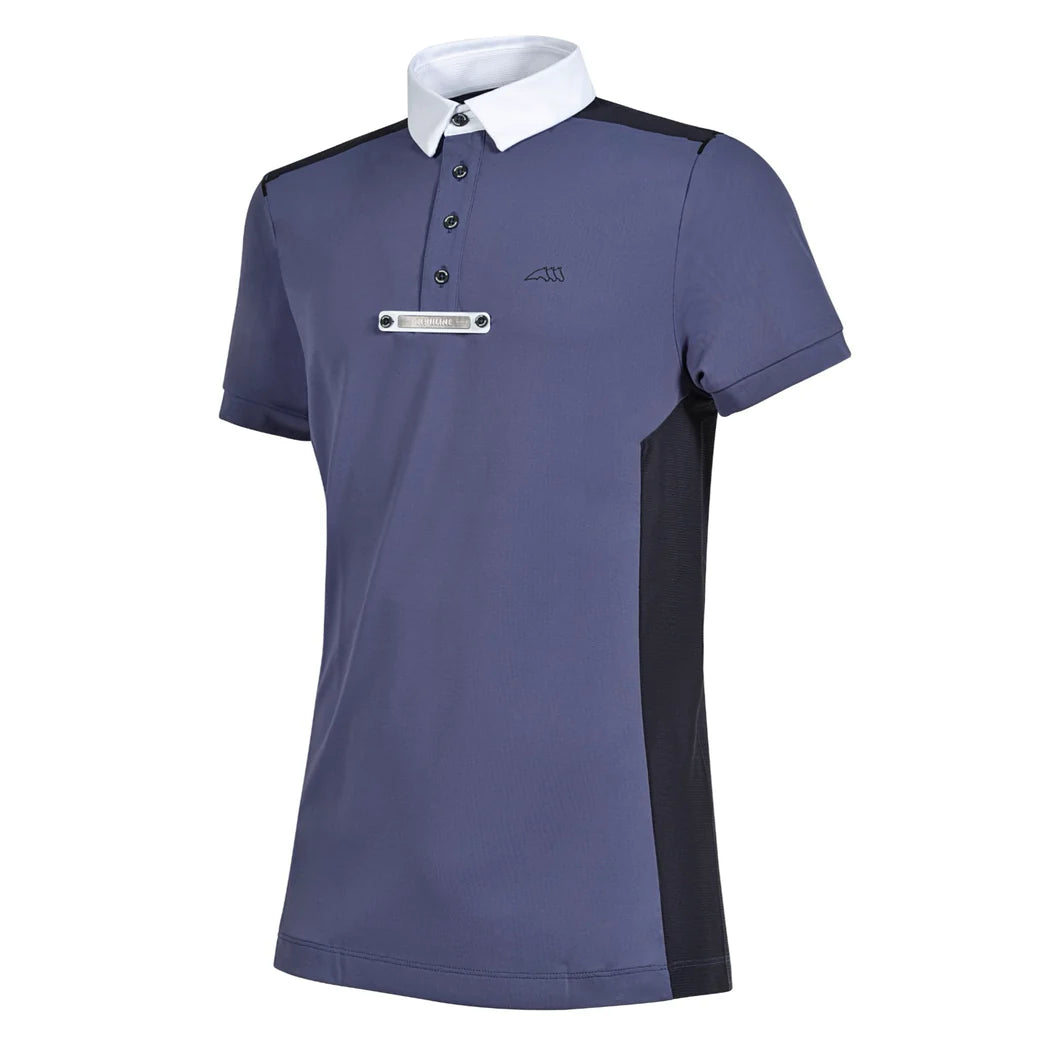 The Cuthberc show shirt by Equiline. This show shirt is in two tone blue with a white collar and tie fastening on the chest.