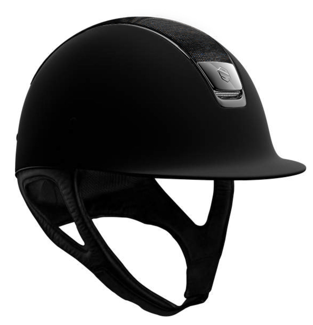 The Samshield Shadowmatt riding hat with black chrome trim and blazon. Finished with a black shimmer top.