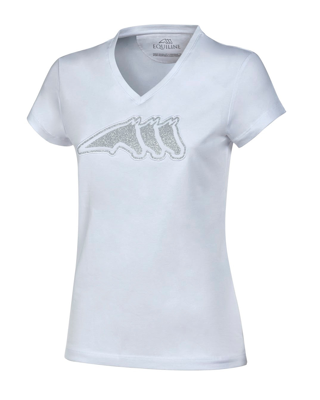 The Equiline glitter print three horse logo T shirt is perfect for the yard or at shows. Slim fitting with a v neck and is made from luxury cotton elastase stretch jersey.  Machine washable 