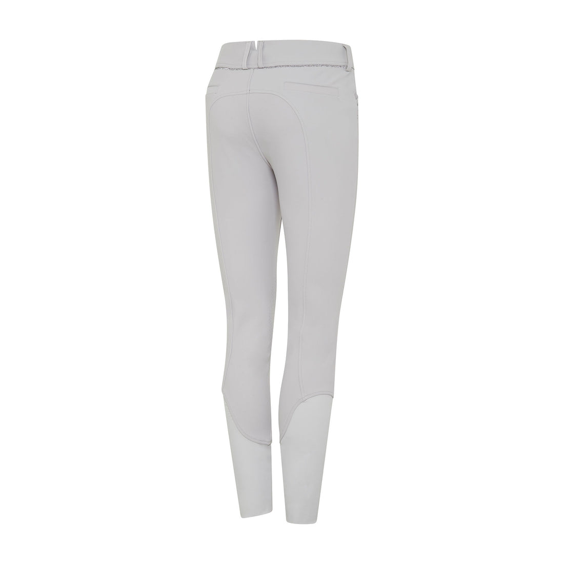 The Celeste knee grip breeches in stone grey by Samshield. These breeches have a subtle glitter detailing on the front pockets with a glitter trim and finished with a scattered gem design underneath the strip