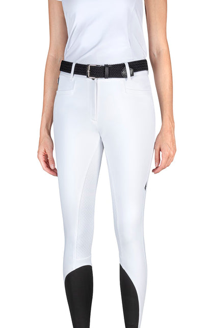 The Equiline Adellek Full Grip White Breeches are made from the new B-Move Fabric, offering breathability and durability. The silicone full seat provides stability in the saddle, and finished with a high waistband.