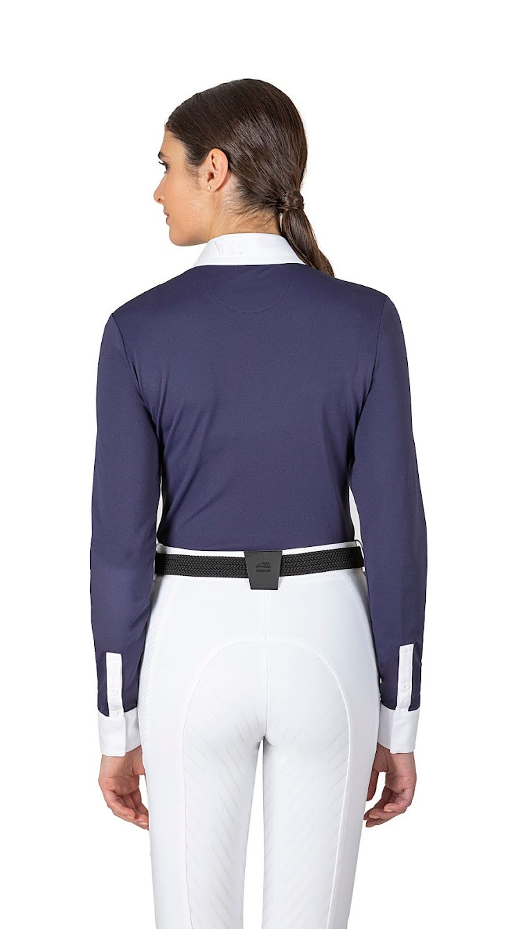 The Equiline Casec Long sleeve colbalt show shirt is made from a soft technical pique jersey. Contrast white zip, logo, collar and cuff. The Equiline logo raised print on the collar.  Matching items available.  Machine washable