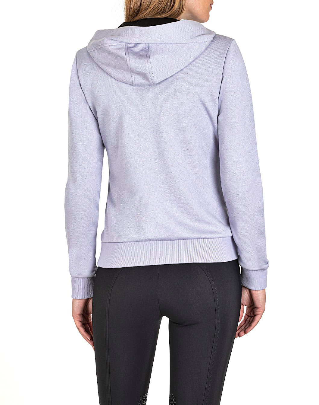 The Equiline Goreg Lilac sparkle hoody adds a subtle touch of glamour. The Hoody has a fine silver sparkle running through the fabric to give the subtle shimmer. Zip front with side insert pockets, a black tie on the hood with the Equiline logo on the sleeve finishes the look.  Made from cotton bi stretch jersey and machine washable. 
