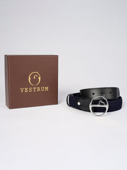The Vestrum Navy Elastic and Leather Belt with the Vestrum silver metal buckle.