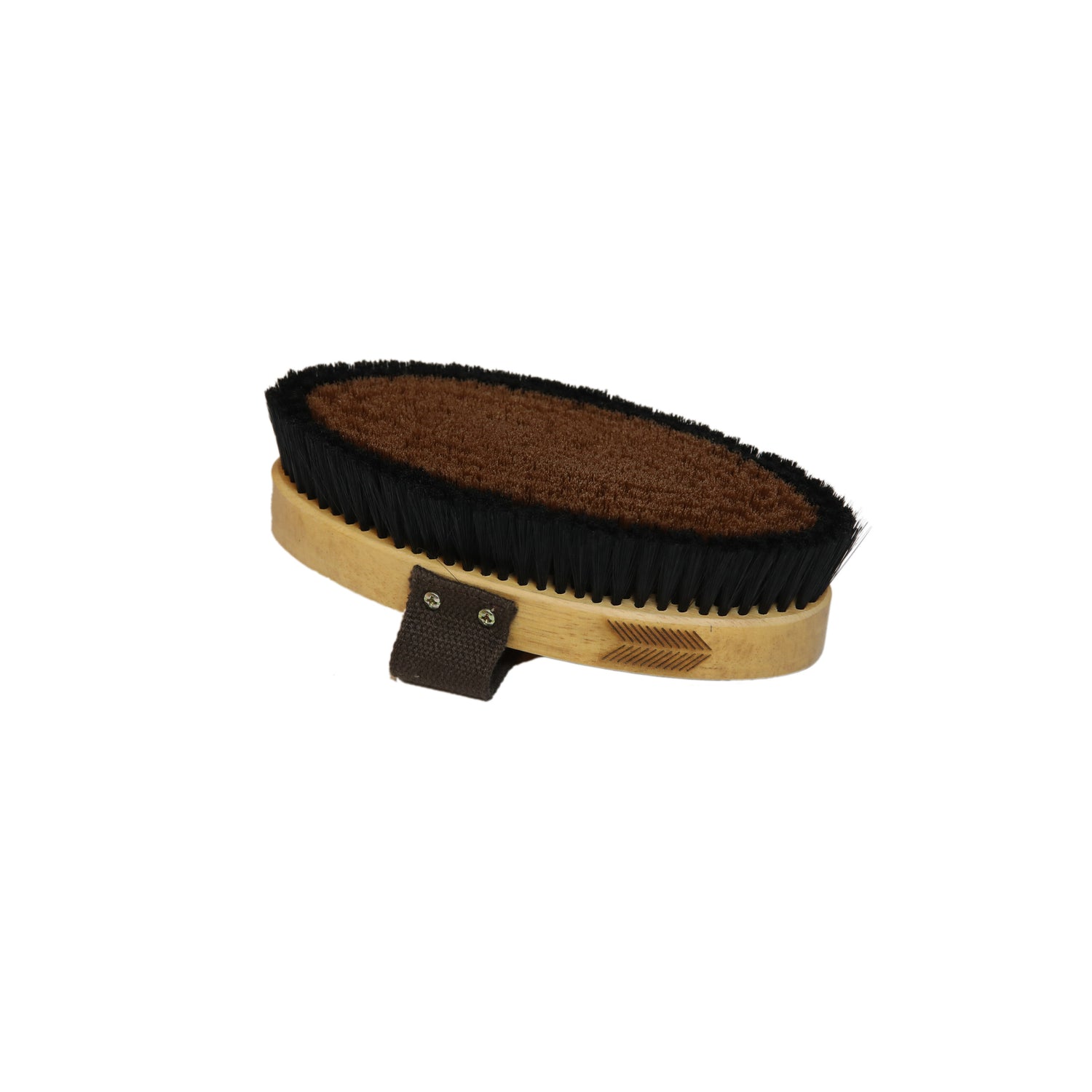 This varnished oval brush is filled with short hard nylon bristles to help distribute the oil of the coat and produce a shiny, glowing coat. The bristles in the centre are smoother for a better action. It is ideal to use in winter, on horses with a thicker coat.
