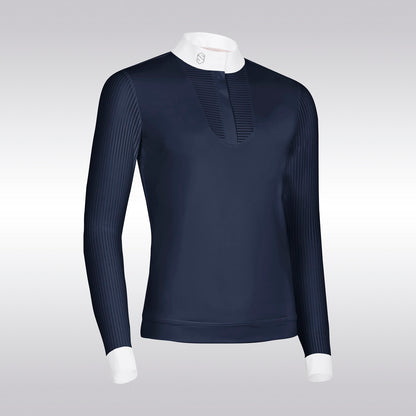 The Samshield Faustine long sleeved competition shirt is designed with a soft, high stretch, breathable fabric. Designed with a striped transparent material on the neckline and sleeves.  Featuring a white collar and cuffs fastened with poppers and completed with the Samshield blazon in Swarovski crystals on the collar.