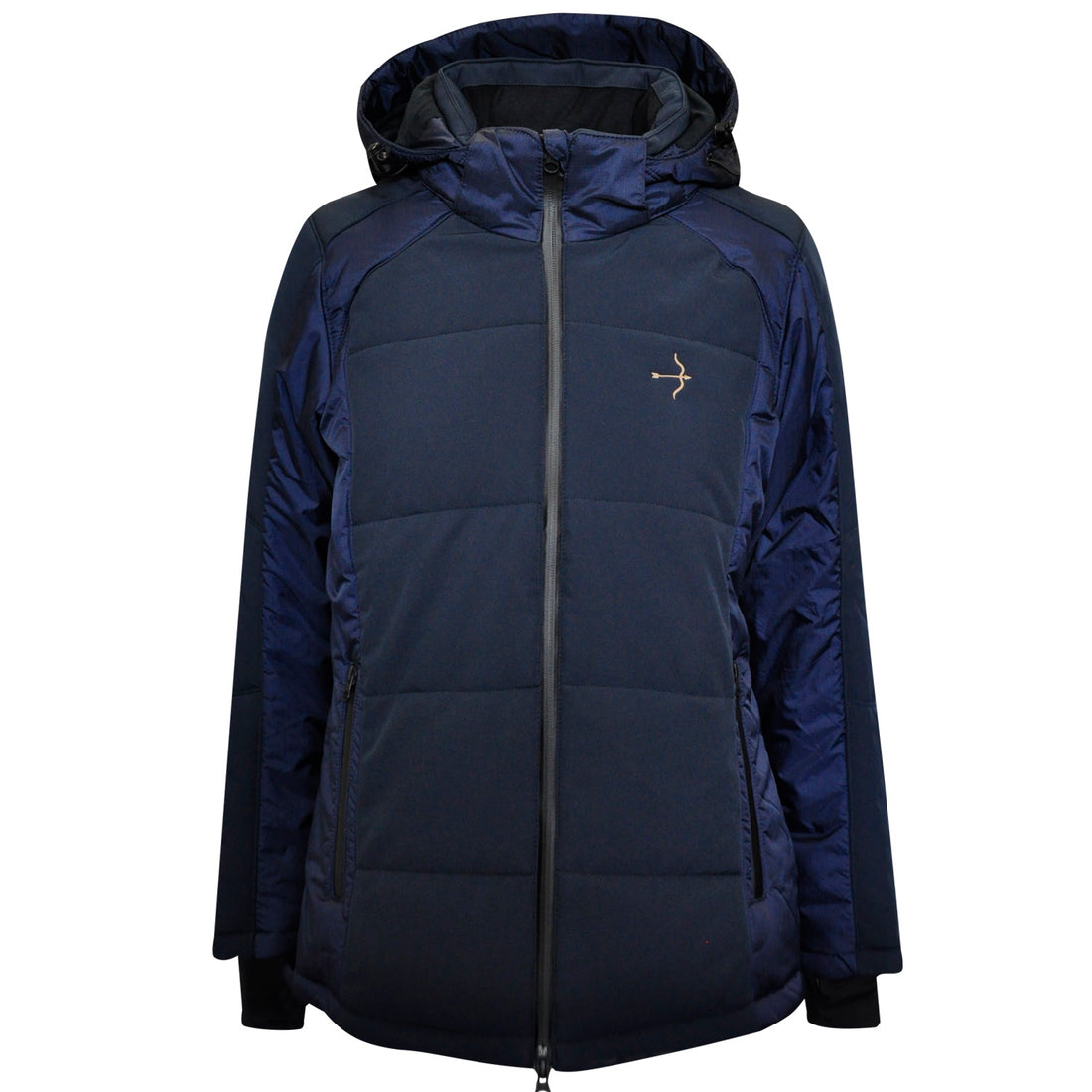 Laguso Navy Puffer Jacket with detachable hood. Ergonomically shaped sleeves with drawcord in waistband and velcro at the sleeve end. Front pocket and breast pocket with zipper, two inside pockets with zipper and one mesh pocket. Laguso arrow and bow on the chest, Laguso patch on the left sleeve and Laguso embroidery on the back.