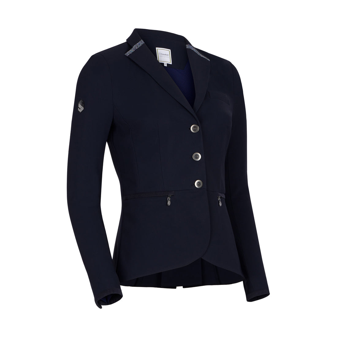 The Victorine Crystal Competition Jacket from Samshield.  This jacket offers a tailored fit giving an elegant silhouette. Made with a technical, breathable material with UV protection to take you through the seasons.  Finished with Swarovski Crystals on the sleeves and Crystal Fabric on the collar and back.  Available in Navy &amp; Black