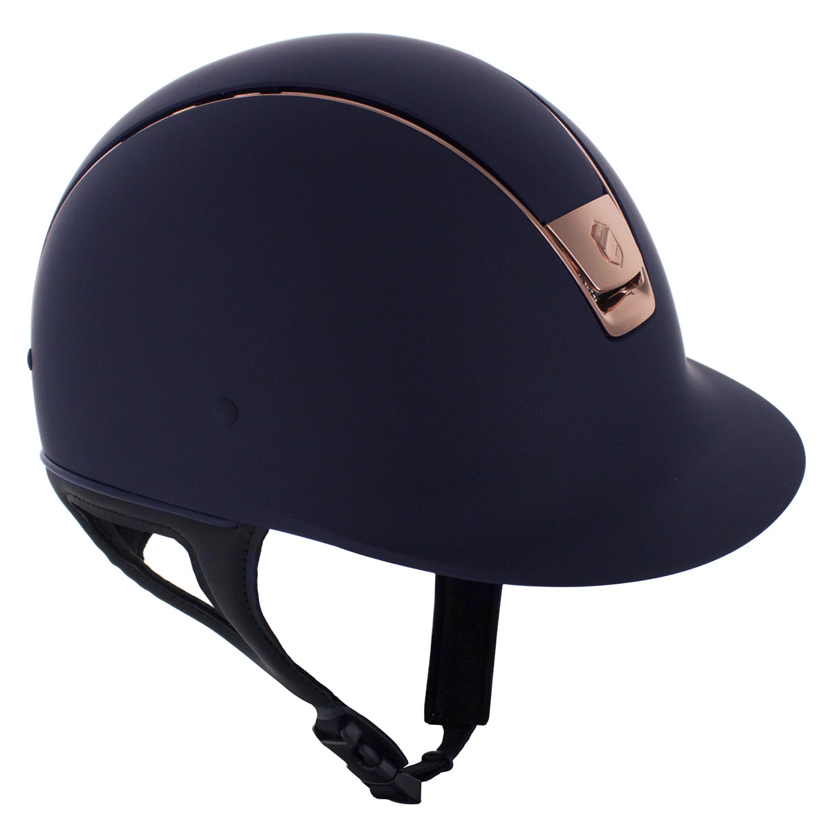 The Samshield Shadowmatt riding hat with rose gold trim.  Available in Black and Navy.