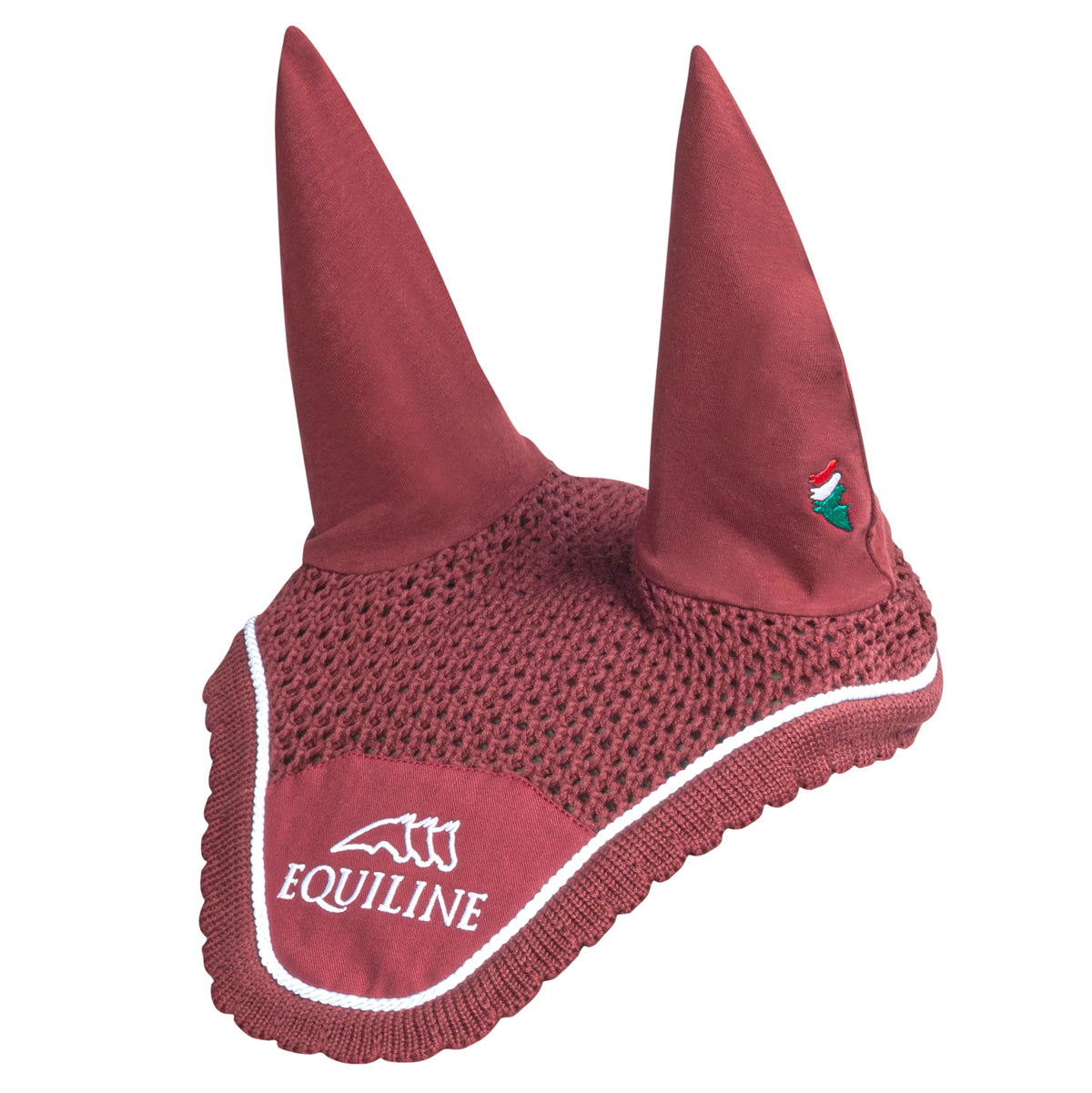 The Equiline fly veil in burgundy with white piping and a embroidered equiline logo on the front.