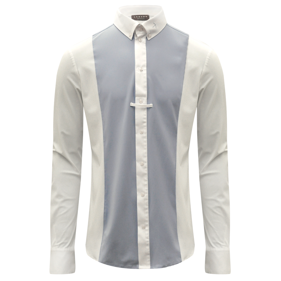The stunning Laguso Max men’s Show shirt is made from a soft stretch jersey. The shirt has a white button cuff and placket front with a 1/2 opening so no pulling. The slimline blue panel at the front and back give this shirt a modern sporty look.  The Laguso logo on the button down collar. Tie holder at the front. 