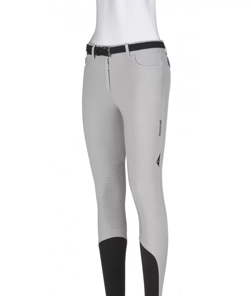 The Equiline Light grey Etraek breeches are made from the new B Move bonded fabric for flexibility and durability when riding.    Finished with a silicone knee grip for security in the saddle and an elasticatend fabric on the lower leg for close contact.