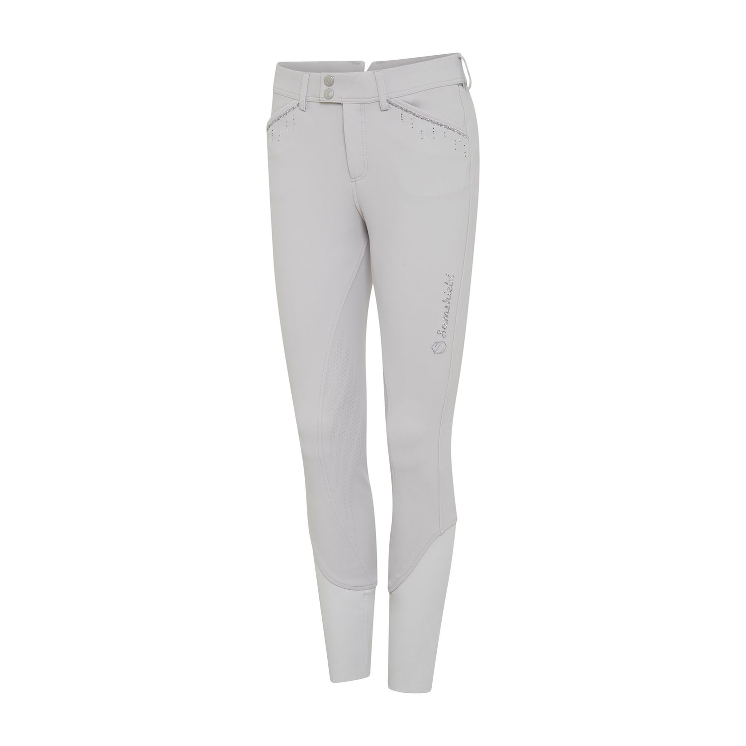 The Celeste knee grip breeches in stone grey by Samshield. These breeches have a subtle glitter detailing on the front pockets with a glitter trim and finished with a scattered gem design underneath the strip
