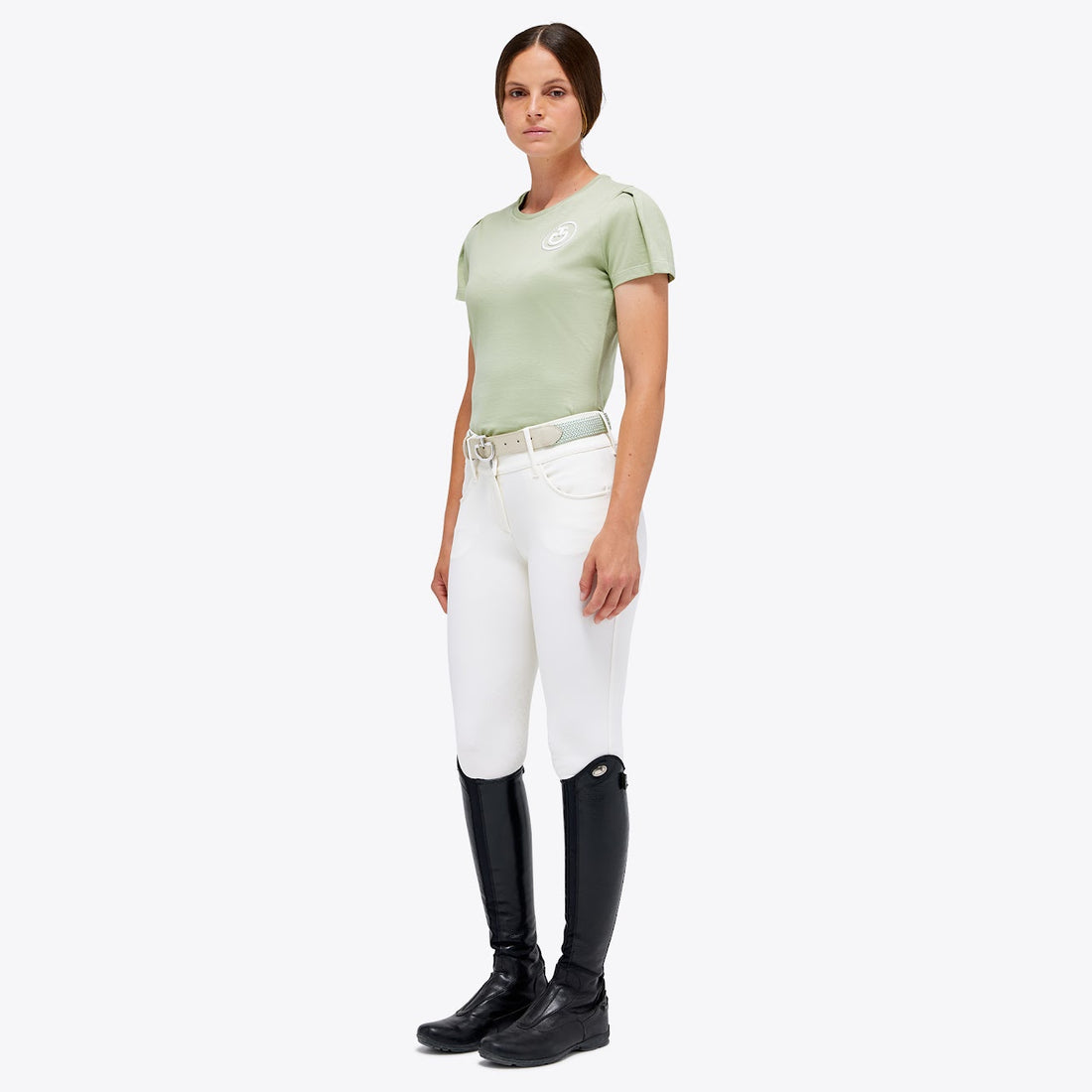 The stunning cotton puff sleeve emblem T shirt by Cavalleria Toscana in green. With a subtle pleating on the short sleeves and finished with an embroidered raised white emblem on the chest.