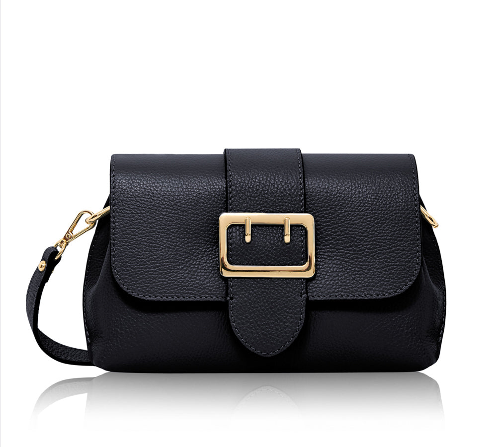 On trend this season is this great 3-compartment Italian Genuine Leather Crossbody Bag Shoulder Bag. The bag comes with a Adjustable and Detachable Long Wide Strap which is great accessory this year.     The medium sized bag is finished  with a Big Golden Buckle at Front. 