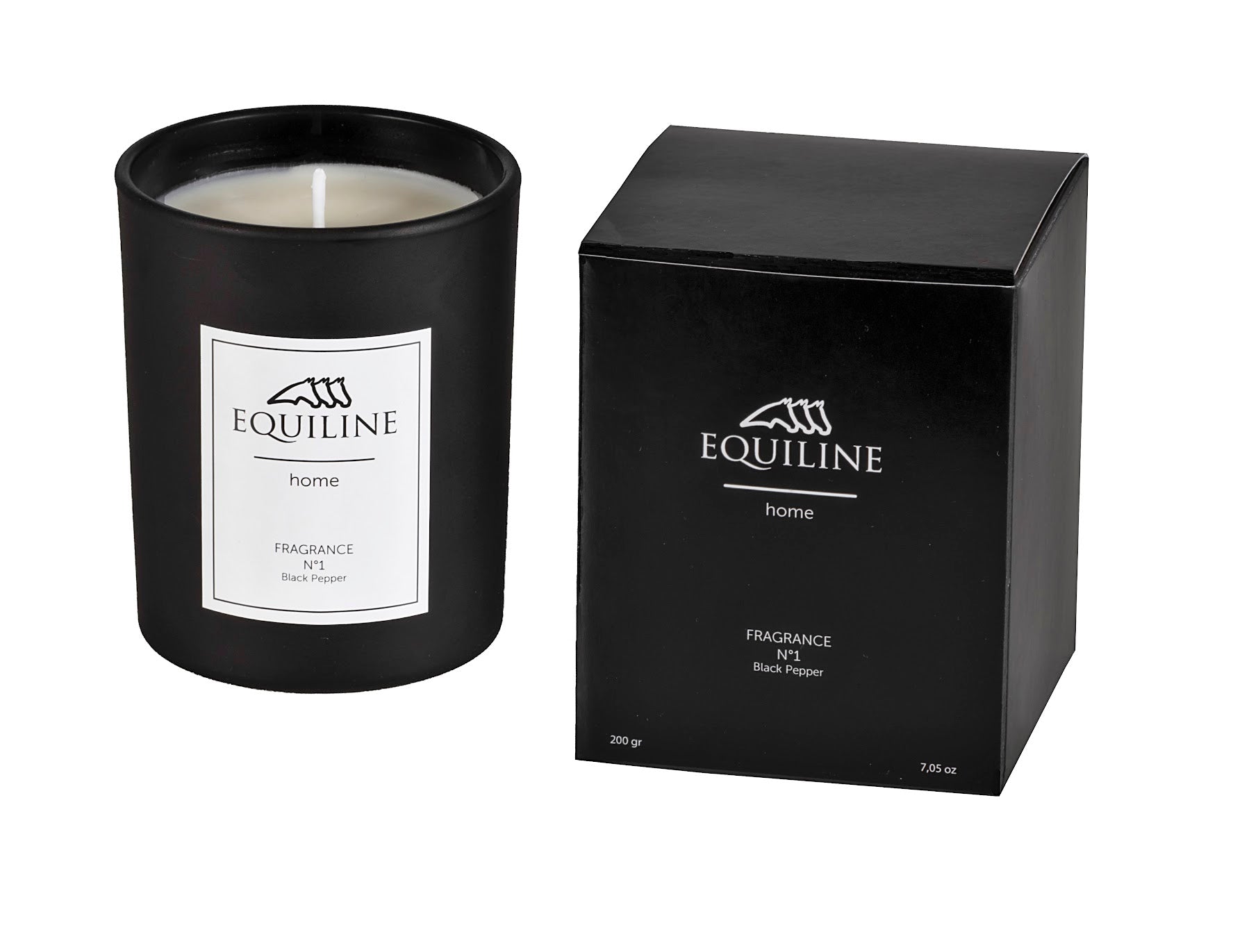 The new Equiline home range offers two stunning scented candles.   Fragrance No.1 is Black pepper, set in a beautiful matt black glass casing and finished with the Equiline logo on white.