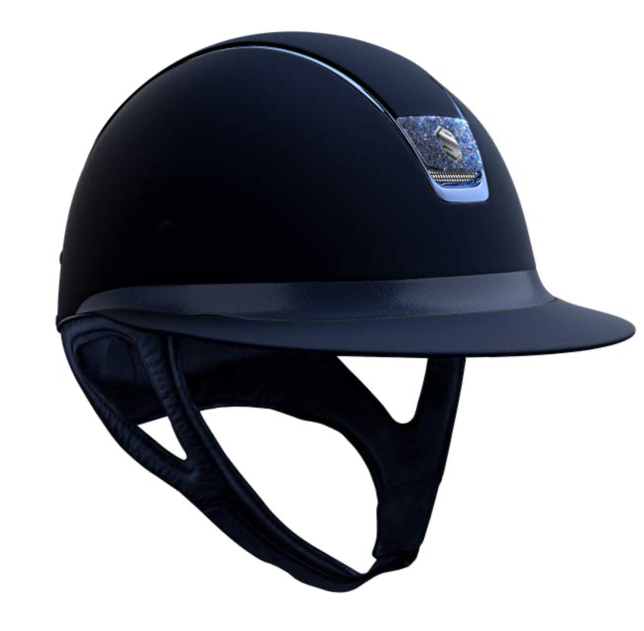 The Miss Shield Shadowmatt riding hat with blue chrome trim and the blazon finished with paradise shine glitter fabric. 