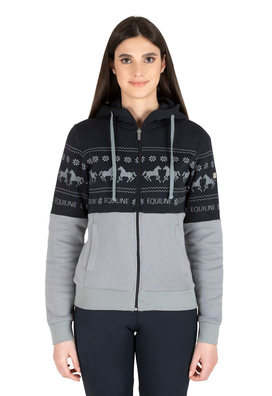 Get into the seasons spirit with the new range from Equiline. The Equiline Grigio Light Grey Snowflake Zip Hoody is perfect for home, shows or training. It will even look great on the slopes this winter. The s]zip through hoody had a draw string hood with contrast pulley with the iconic equiline winter design. made from fleece back jersey for extra comfort and warmth.  Matching items available and machine washable