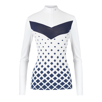 The Vivian Graffic Laguso long sleeve show shirt is perfect for any discipline. The Show shirt has a sporty yet elegant look.  The shirt is made from breathable luxury but stretch jersey, a graduated Graffic print to the front with a zip and cover front opening.    Machine washable at 30’