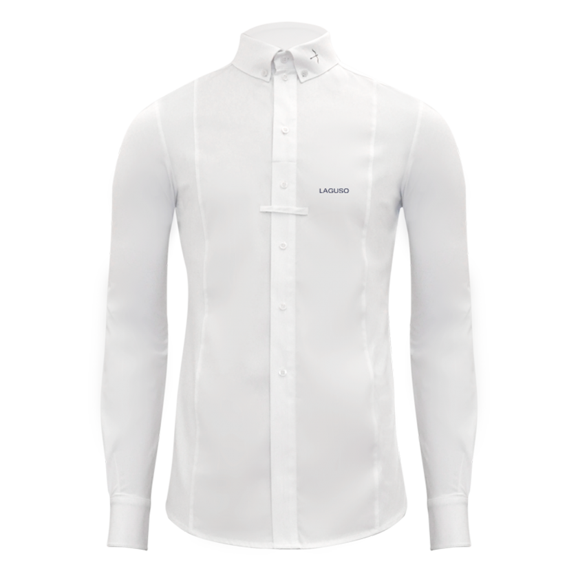 The tournament Max signature show shirt by Laguso in long sleeve. This all white competition shirt is an understated and timeless piece. Finished with a small navy Laguso logo on the chest. 