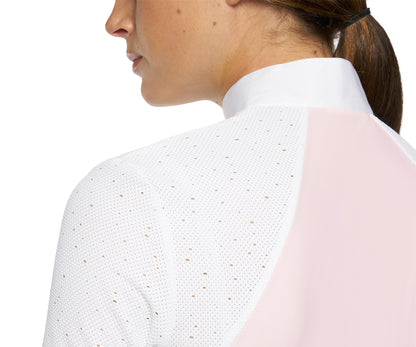 The CT delicate Crochet dot jersey on the front sleeves and raglan sleeve back gives a modern twist to this shirt. The flattering line across the front gives a feminine sporty look whilst preserving modesty. Available in all white and white and pink. Also available I’m short sleeves. 
