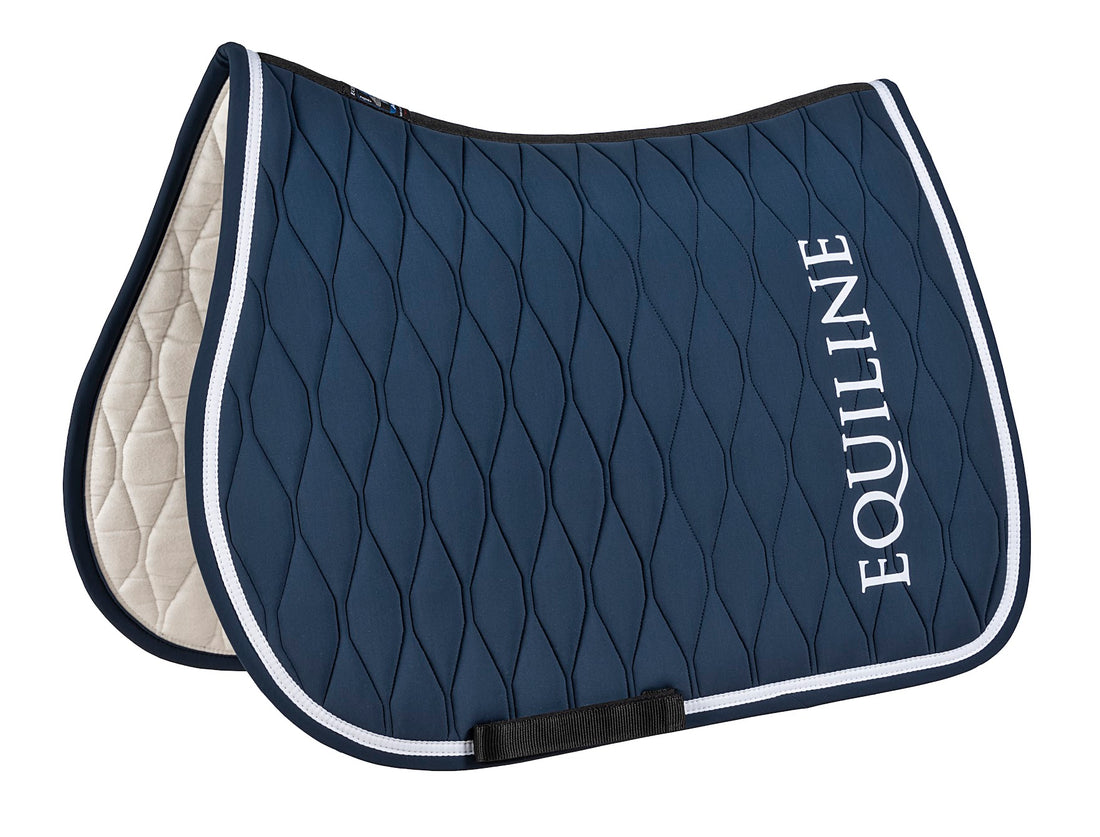 Equiline Blue Saddle pad with wave quilting and white detailing on the trim. Finished with large Equiline white font on the side.