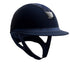 The Miss Shield Shadowmatt riding hat in navy with matt blue trim and black chrome blazon. Finished with flower embroidery top and frontal band.