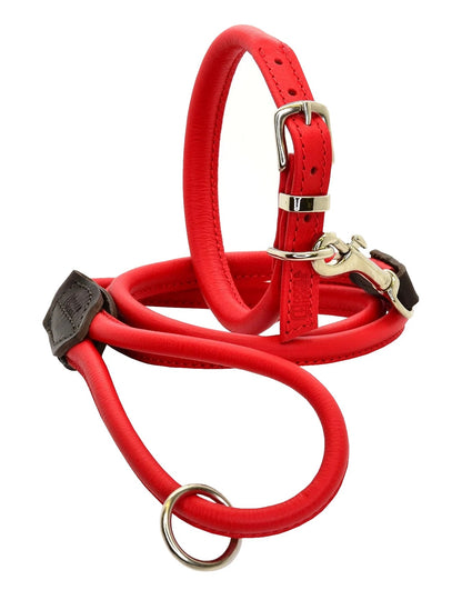The dogs and Horses Red rolled leather lead is soft and comfortable to hold and handle. But strong. Available for small, medium or large dogs (thickness and size of hooks will vary).