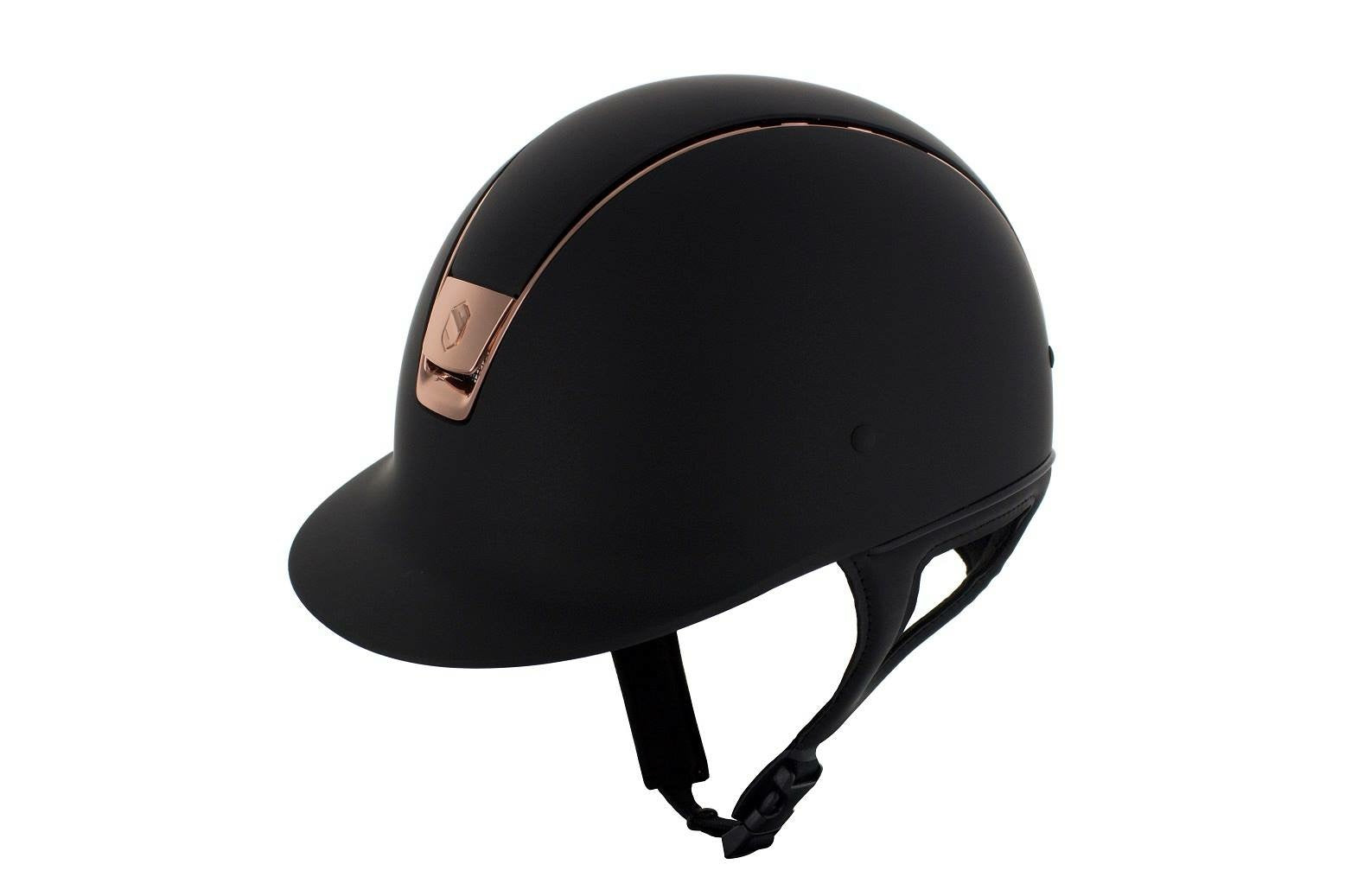 The Samshield Shadowmatt riding hat with rose gold trim.  Available in Black and Navy.