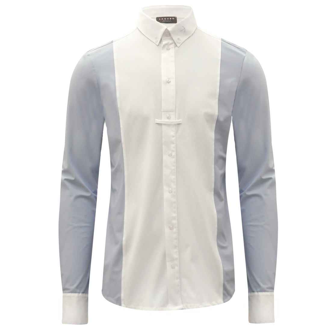 The stunning Laguso Max men’s Show shirt is made from a soft stretch jersey. The shirt has a white cuff and button placket front with a 1/2 opening so no pulling. The slimline blue panel at the sides and sleeves give this shirt a modern sporty look.  The Laguso logo on the button down collar. Tie holder at the front.   Machine washable at 30’c. Do not tumble dry.