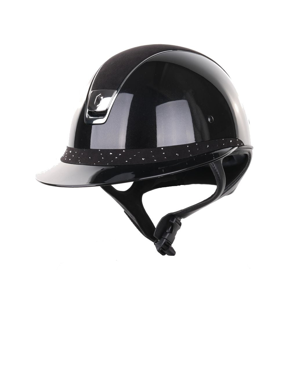 The Miss Shield Shadowglossy riding hat with black chrome trim and blazon. Finished with the black suede alcantara top and an Aztec crystal frontal band.