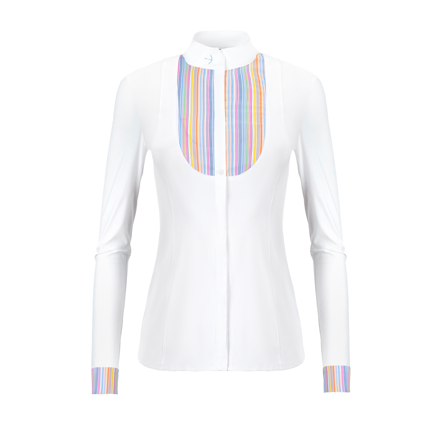 The Laguso Laila Smoking multi stripe is made from soft stretchy jersey for maximum comfort and movement. A fine woven stretch stripe fabric on the bib and cuffs gives the shirt a modern twist. button down front with hidden button to stop popping. Cross over button stand with the Laguso logo. 