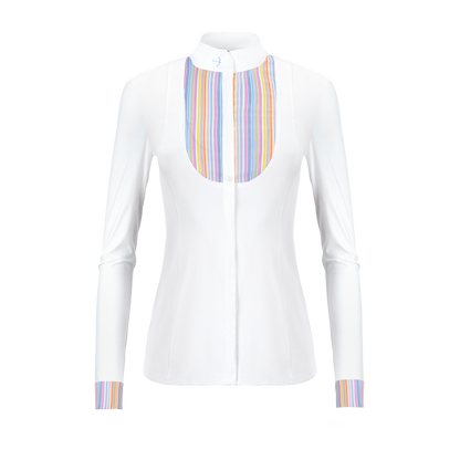 The Laguso Laila Smoking multi stripe is made from soft stretchy jersey for maximum comfort and movement. A fine woven stretch stripe fabric on the bib and cuffs gives the shirt a modern twist. button down front with hidden button to stop popping. Cross over button stand with the Laguso logo. 