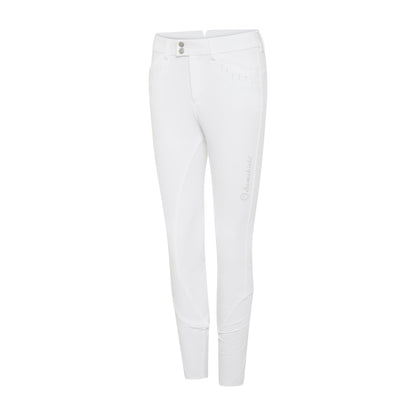 The Celeste knee grip breeches in white by Samshield. These breeches have a subtle glitter detailing on the front pockets with a glitter trim and finished with a scattered gem design underneath the strip. 