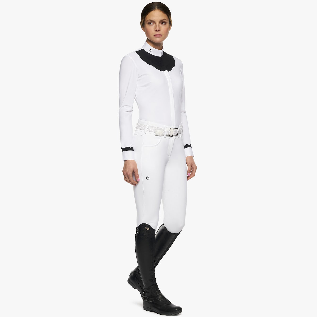 Rider Wearing Cavalleria Toscana Black and White Scalloped Bib Long Sleeve Show Shirt in Competition Setting