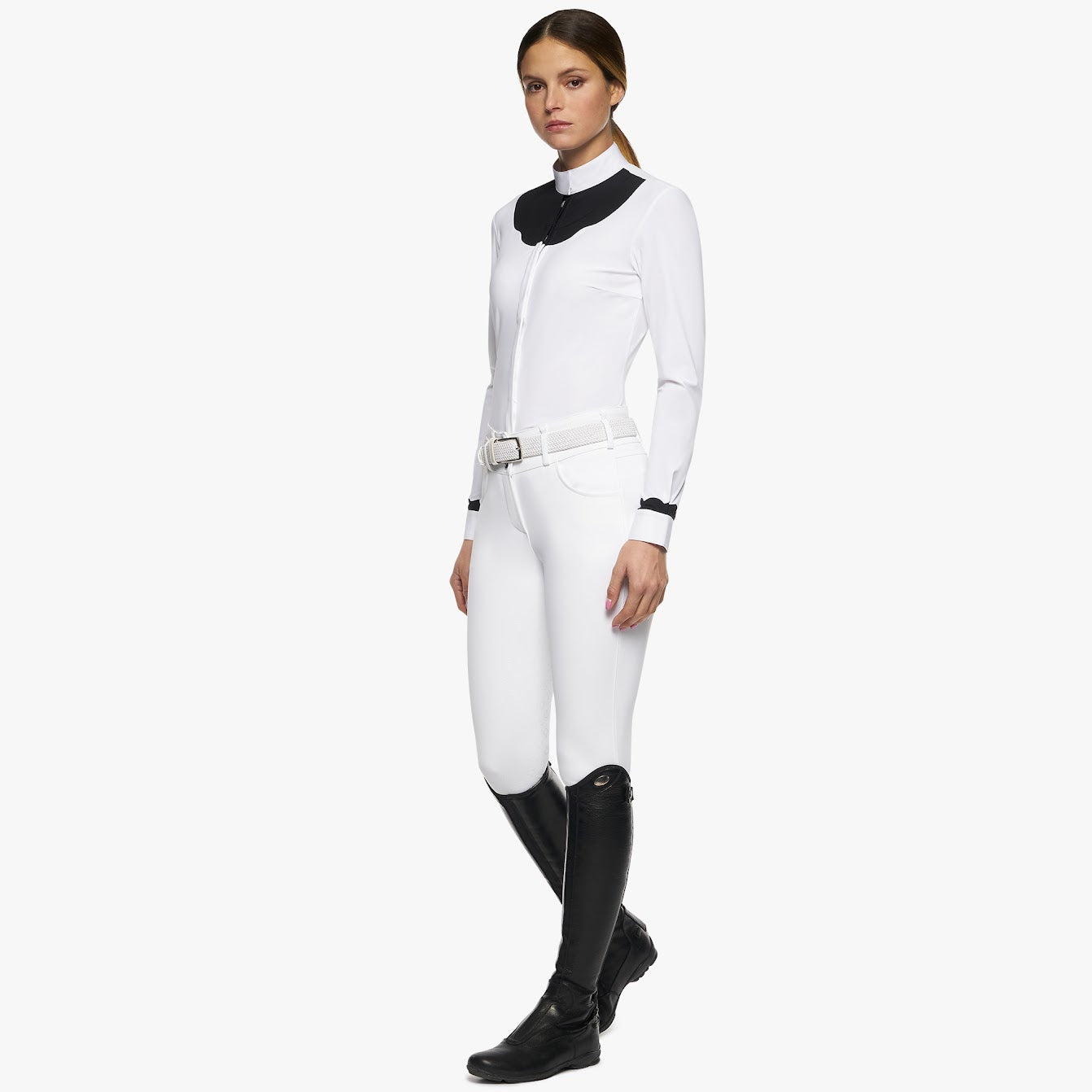 Cavalleria Toscana Black and White Scalloped Bib Long Sleeve Show Shirt - Side View Showing Scalloped Design