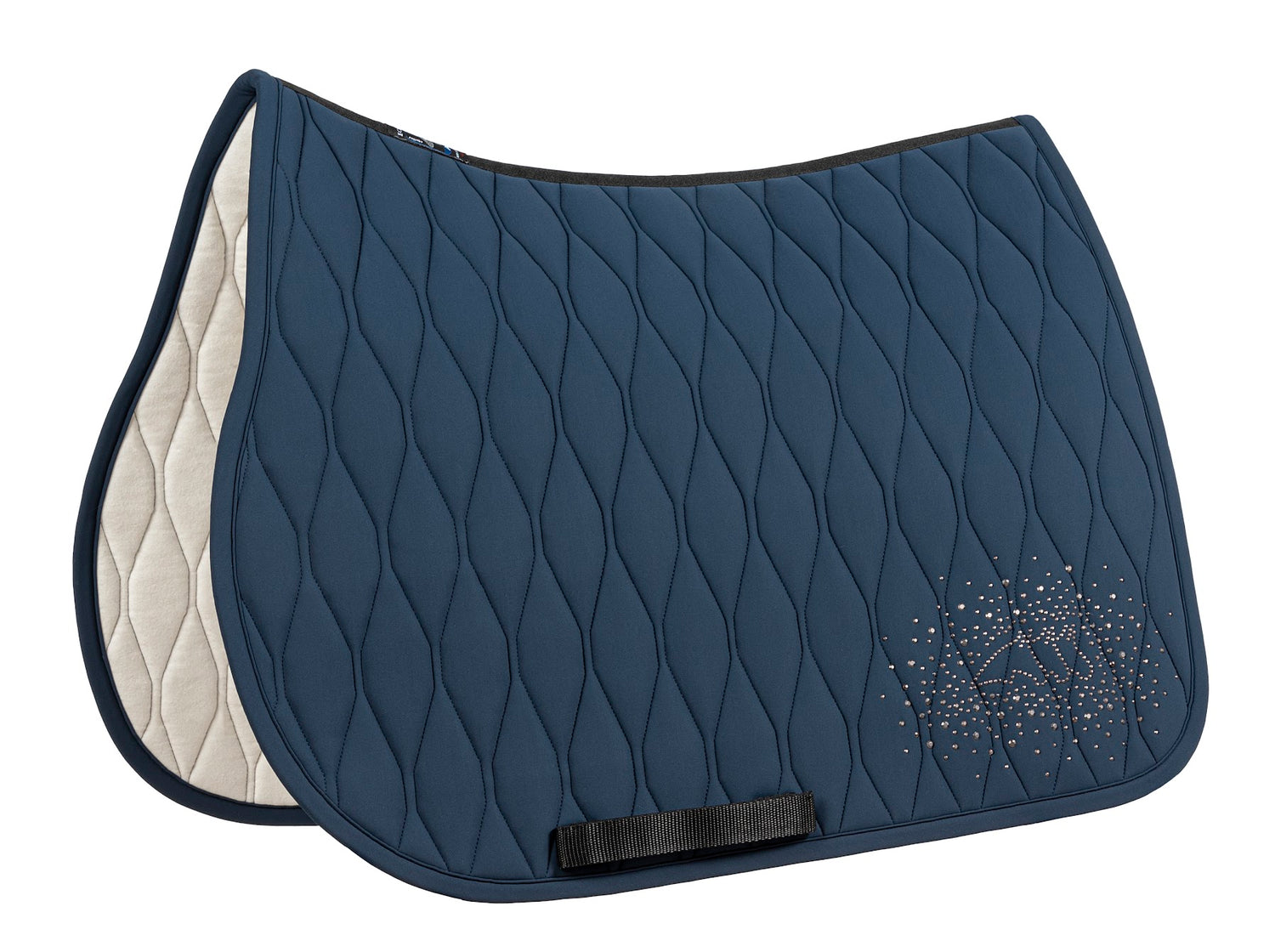 The Equiline jump saddle pad in the shade Diplomatic blue. Beautiful wave quilting and finished with a stunning beading pearl design.