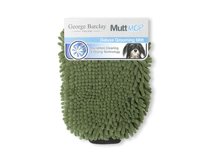 The George Barclay, MuttMOP® Deluxe Grooming Mitt, is a 2 in 1 grooming accessory. The mitt’s gentle rubber brush quickly detangles short or long hair, and removes loose hair from your dog’s coat.